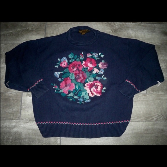 Vintage Eddie Bauer Women's Knit Blue Floral Flowers Sweater Jumper Size XLarge - Picture 1 of 8